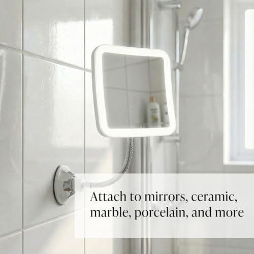 Rechargeable 10x Magnifying Makeup Mirror with LED Lights, Flexible Gooseneck & Suction Mount