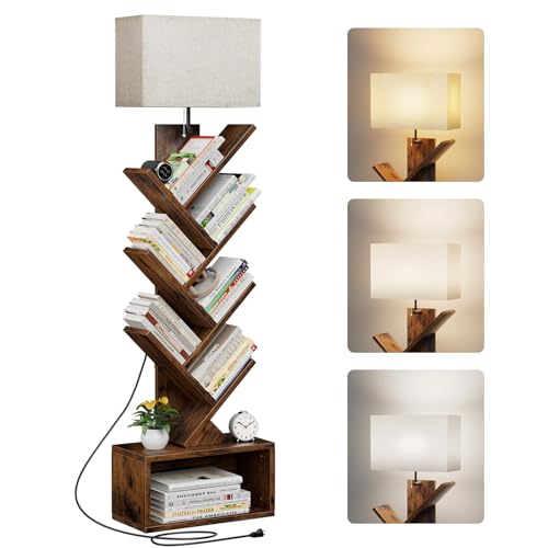 Evermagin Rustic Brown 6-Tier Tree Bookshelf with Adjustable Light, Bookcase, Space-Saving Design