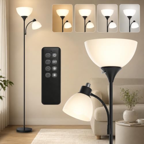GERGO Matte Black Torchiere Floor Lamp with Remote & Adjustable Reading Light
