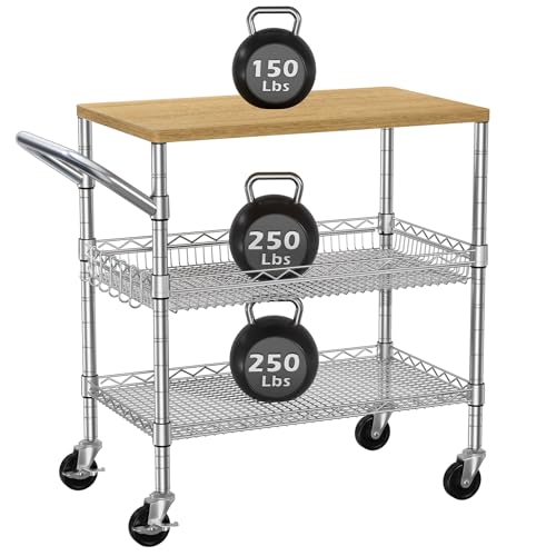 Heavy Duty 3-Tier Rolling Utility Cart with Wooden Top - Chrome & Wood Variation