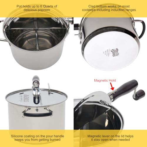 Stainless Steel Popcorn Popper - 6 Qt Induction Range Compatible, Hand Crank, Magnetic Lid