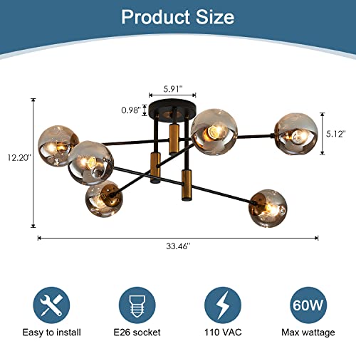 Black and Gold 6-Light Sputnik Ceiling Light Fixture - Mid Century Modern Chandelier