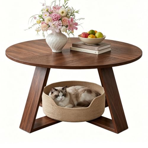 Round Coffee Table with Open Storage - Walnut Wood, Space-Saving Design