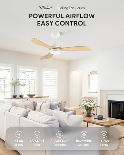VONLUCE 42 Inch Wooden Ceiling Fan with Lights, White, Downrod Mount, Natural Wood Finish