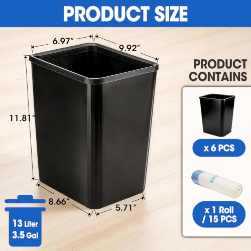 6 Pack Small Plastic Trash Cans - 3.5 Gallon Wastebaskets for Bathroom, Kitchen, Office, Black