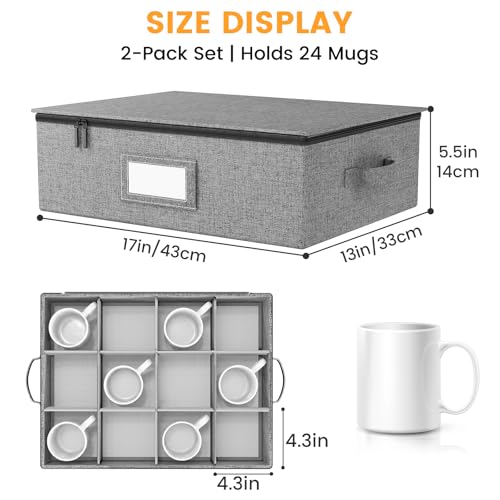 Mug Storage Box 2 Pack - Hard Shell Divider Organizer for Coffee Mugs & Glasses, Stackable Kitchen & Moving Storage