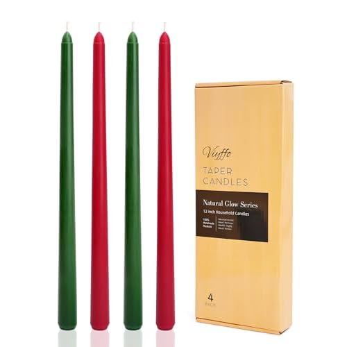 Viyffo 12 Inch Taper Candles 9-Hour Burn Christmas Edition, Green & Red 4 Pack Long Unscented Dripless & Smokeless Candlesticks for Holiday Dinner Table, Wedding & Home D?cor