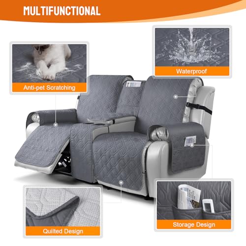 Loveseat Recliner Cover with Console Waterproof 2 Seater Dark Gray