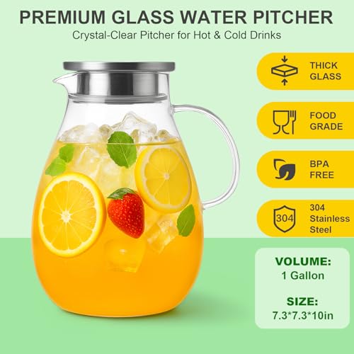 Glass Pitcher with Lid - 128oz Water Jug for Hot Cold Drinks, Iced Tea & Juice — Variation of THIS listing