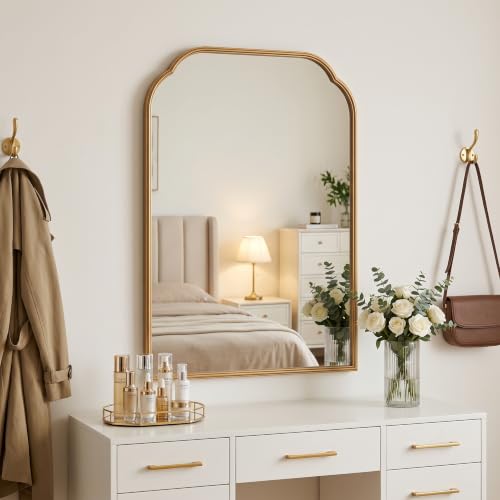 Gold Bathroom Scalloped Mirror - 36x24 Inch Rust-Proof Metal Frame - Wall or Vanity Decor