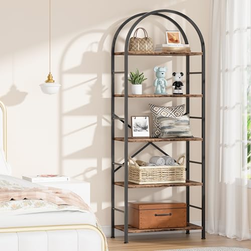 Shintenchi Rustic Brown 5-Tier Arched Bookshelf - Tall Metal & Wood Bookcase