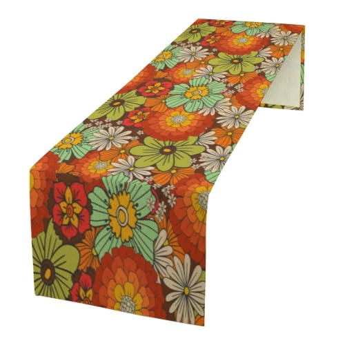 SHElifestyle W13" x L36" Orange-13 Retro Floral Table Runner – Vintage Boho Linen Look