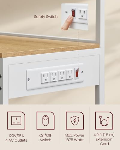 VASAGLE Kitchen Baker's Rack with Power Outlet, 35.4W x 65.2H, Golden Oak + Cloud White