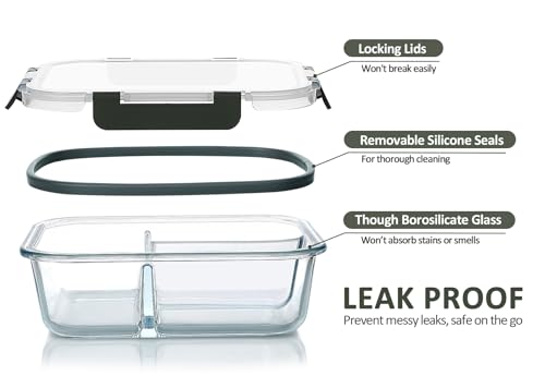 Gray 5 Pack 36oz Borosilicate Glass Meal Prep Containers with 3 Compartments & Airtight Lids