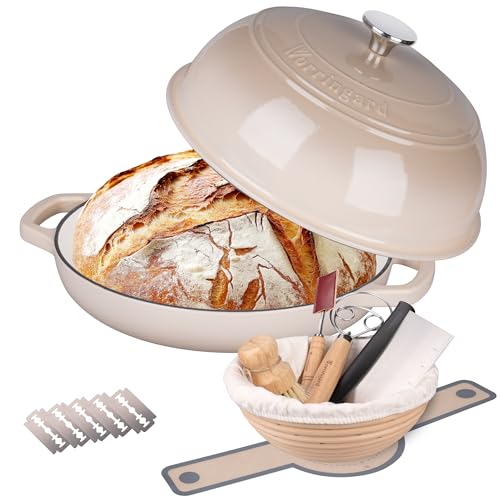 VORRINGARD 6 Qt Enameled Cast Iron Dutch Oven with Lid & Bread Baking Set - Latte