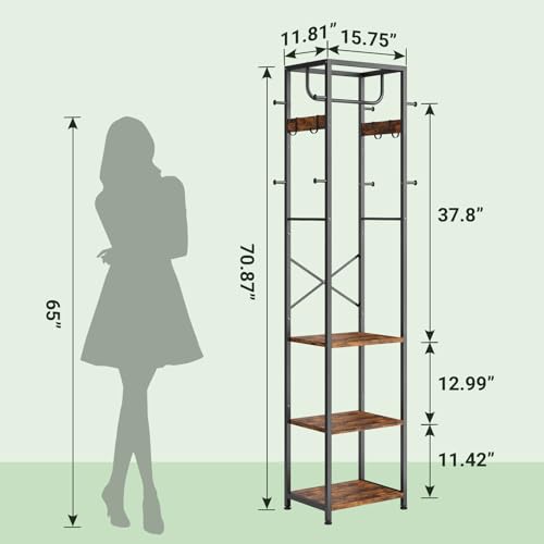 ELYKEN Rustic Brown Freestanding Coat Rack with Shelves & Hooks - Modern Hall Tree