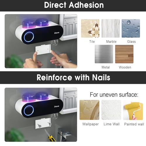 UV Toothbrush Sanitizer Holder Wall Mount Dispenser 2 Cups - Black