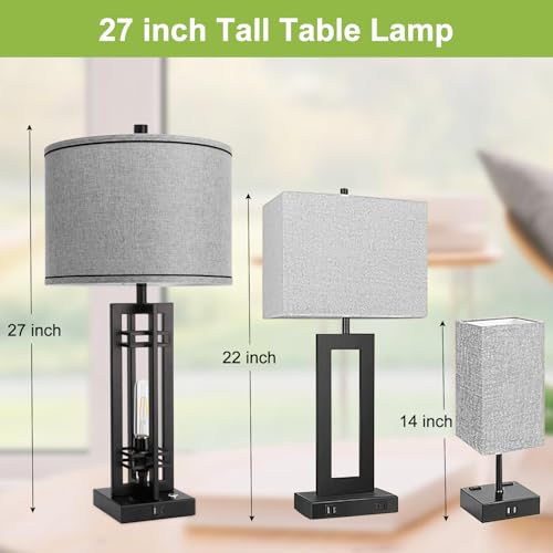 Vikdio 27-Inch Farmhouse Table Lamps Set of 2 with Gray Round Shade & Touch Control