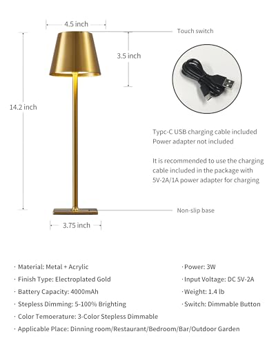 Electroplated Gold Cordless LED Desk Lamp - Rechargeable Portable Table Light