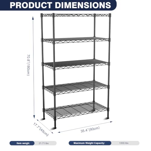 VANZBON 5-Tier Heavy Duty Wire Shelving Unit 35x18x71 with Wheels, Black