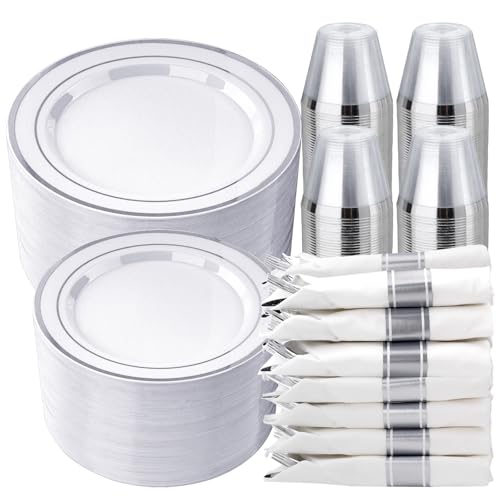 realluck 350 PCS White and Silver Plastic Dinnerware Set for 50