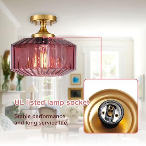 Purple Flush Mount Ceiling Light Fixture - 11.02 Inch Gold Industrial Lamp with Seeded Purple Glass Shade - Variation: Purple / 11.02 Inch