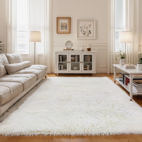 Cream White 6x9 Shag Rug for Bedroom - Plush Fluffy Non-Slip Carpet