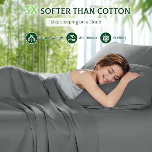 SONORO KATE Bamboo Rayon Bed Sheets Set - Dark Grey King, Deep Pocket, 4-Piece