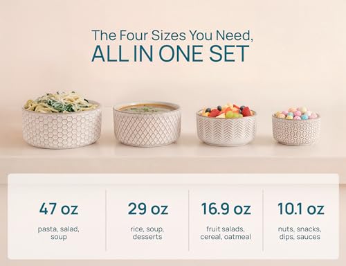 KooK Ceramic Nesting Bowls with Lids Set of 4 - 47 Oz Embossed Stoneware, Ivory