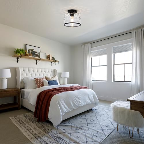 Zlepmlla Glass Ceiling Light - Black Hammered Glass Shade, Farmhouse Semi Flush Mount with Variation Black Wave
