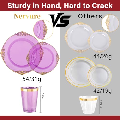 Purple Plastic Dinnerware Set for 25 Guests - 175 Pcs Clear & Gilded
