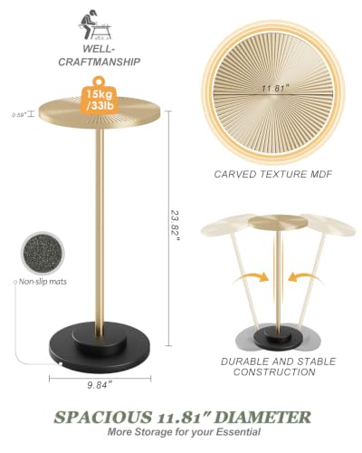 AEPOALUA Gold Round Side Table for Small Spaces, Carved Accent