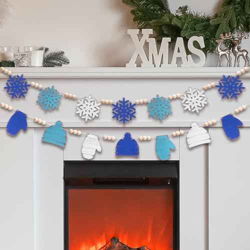 2 Pcs 84 Inches Winter Wood Bead Garland Rustic Wooden Snowflake Hat Gloves Banner Winter Snowflake Blue White Farmhouse Decorations Hello Winter Garland for Winter Holiday Home Fireplace Doorway