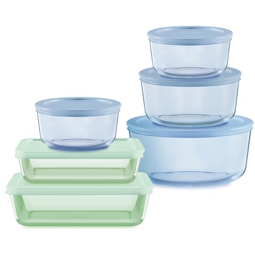 Pyrex Colors Tinted 6 Pack Food Storage Container Set - Small, Medium, Large with Snug Fit Lids - Green and Blue Variations