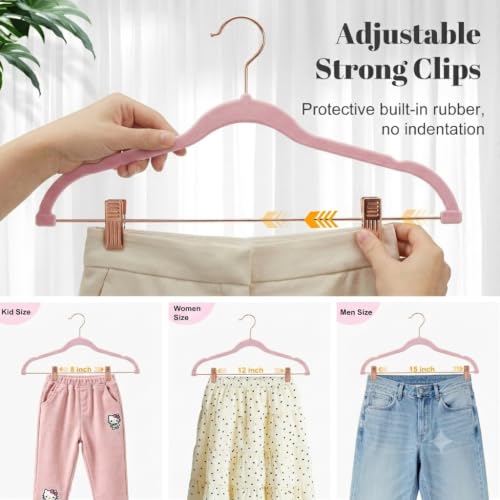 Peach Pink Velvet Pants Hangers with Clips - 24 Pack with Rose Gold Hooks