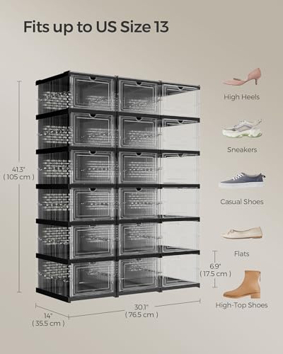 SONGMICS Foldable Shoe Storage Boxes 6-Tier Set with Transparent + Ink Black, Fits US Size 13, 18 Pack