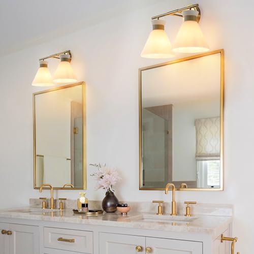 Gold 2-Light Bathroom Vanity Light Fixture - Mid Century Frosted Glass Sconces with Over Mirror Mount