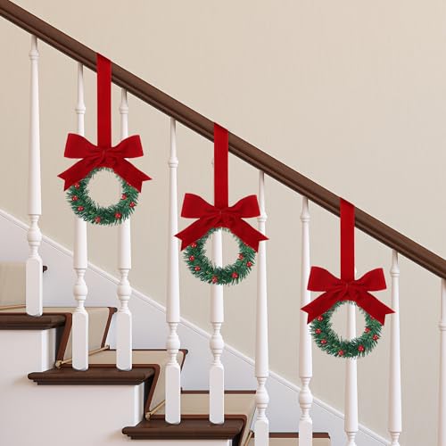 Sggvecsy Velvet Christmas Mini Wreaths for Kitchen Cabinets, Front Door & Wall Decor, Red Berry & Bows, 8 Inch