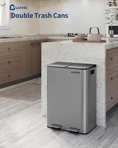 Garvee Matte Gray 2 x 8 Gallon Stainless Steel Dual Trash Can with Soft-Close Lid