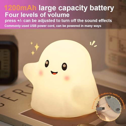 Ghost Night Light for Kids, Silicone Nursery Nightlight with 13 Interactive Sound Effects ,Halloween Decor Lamp Adjustable Dimmable Lamp with Touch Sensor Children's Christmas Gifts (white ghost 1)