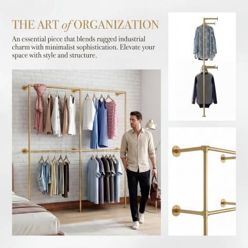 71-Inch Gold Wall Mount Clothing Rack Heavy Duty Pipe Garment Rod for Closet & Retail
