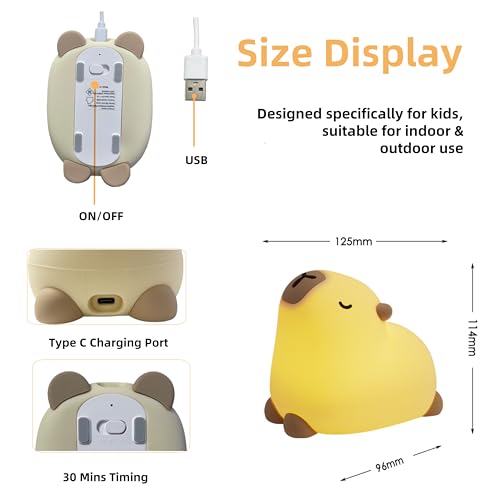 Microwear Cute Capybara Night Light,3 Levels Dimmable,Rechargeable Silicone Touch Lamp for Kids,Adults,Nursery,Bedroom,Desk Decor(Portable,Timer
