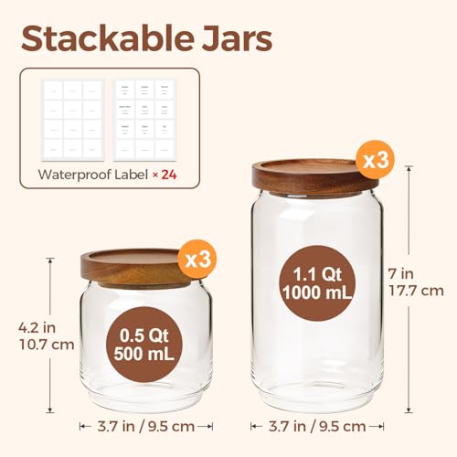 Glass Pantry Storage Containers with Acacia Wood Lids - 1.1Qt & 0.5Qt Set, Stackable, Airtight Food Storage