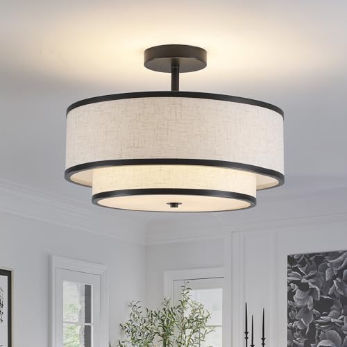 Black Semi Flush Mount Ceiling Light with Double Drum Fabric Shade - Modern Farmhouse Chandelier for Bedroom, Kitchen, Hallway