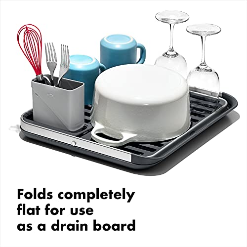 OXO Good Grips Aluminum Fold Flat Dish Drying Rack - 2-Tier, Removable Utensil Cup, Compact Storage