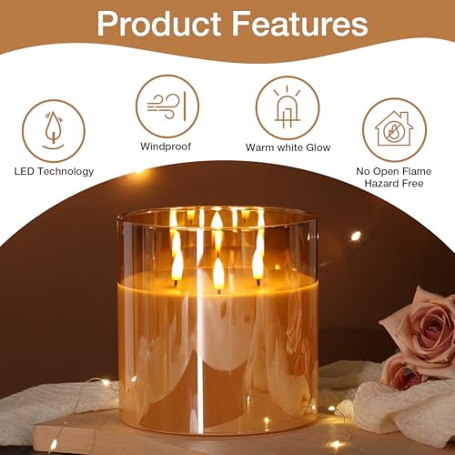 Eywamage Amber Gold 3 Wick Flameless Candle with Remote & Timer