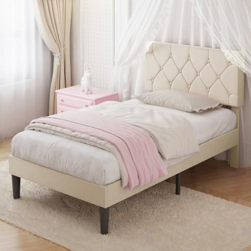 VECELO Upholstered Twin Bed Frame with Adjustable Headboard, Beige