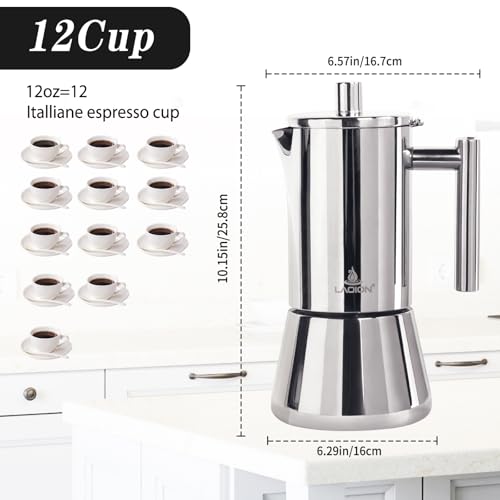 LAOION 12-Cup Silver Stovetop Espresso Maker, 17.5 oz Moka Pot, Stainless Steel