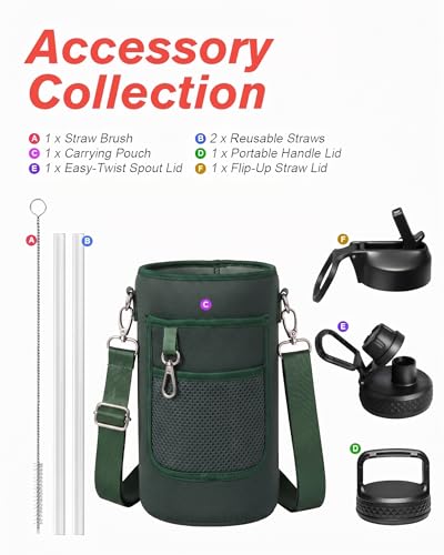 Coolflask Dark Green Half Gallon Insulated Water Bottle with Straw & 3 Leakproof Lids