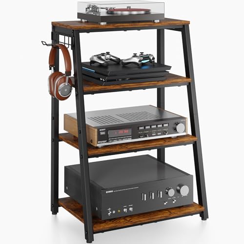 4-Tier Heavy Duty Media Stand with Hooks - Wooden Audio & Game Console Rack, Large TV & DVD Storage, Regular